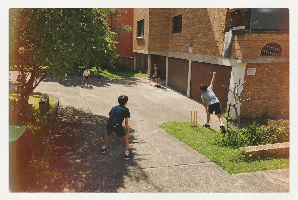 AI-assisted recreation of Sumeet Joseph and other children playing street cricket in Liverpool